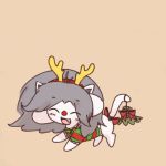  1:1 blush bottomless canid canine christmas clothed clothed_feral clothing eyes_closed felid feline feral fur grey_hair hair holidays low_res mammal open_mouth open_smile reindeer_antlers side_view simple_background smile sumechiayuu tem temmie_(undertale) undertale video_games white_body white_fur 