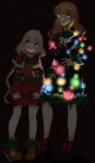  2girls :&lt; absurdres ahoge blonde_hair christmas_tree_costume dantape futaba_anzu glowing hand_on_hip height_difference high_heels highres idolmaster idolmaster_cinderella_girls low_twintails moroboshi_kirari multicolored_hair multiple_girls orange_hair pink_hair reindeer simple_background standing sweater twintails wavy_hair 