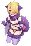 1boy animal_ears blonde_hair blush bow commentary_request crossdressing dr._stone elbow_gloves embarrassed fake_animal_ears fake_tail fate/grand_order fate_(series) fur_collar fur_trim ginro_(dr._stone) gloves green_eyes hair_over_one_eye kaidou_j1 kneeling looking_at_viewer male_focus mash_kyrielight medium_hair navel nipple_slip nipples open_mouth otoko_no_ko pink_bow puffy_nipples purple_gloves purple_legwear revealing_clothes shiny shiny_skin simple_background solo tail thighhighs white_background 