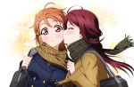  2girls ahoge bag blue_coat blush buttons cheek_kiss clothes_tug clover_hair_ornament coat commentary dot_nose gradient gradient_background green_scarf hair_ornament highres holding holding_bag kiss kougi_hiroshi long_hair love_live! love_live!_sunshine!! multiple_girls orange_hair plaid plaid_scarf red_eyes red_hair sakurauchi_riko scarf school_bag short_hair surprised takami_chika upper_body white_background yellow_background yellow_coat yellow_scarf yuri 