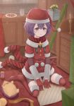  1girl absurdres atorie bernadetta_von_varley bike_shorts boots candle candlestand christmas cookie cup eyebrows_visible_through_hair fire_emblem fire_emblem:_three_houses fire_emblem_heroes flower flower_pot food gloves grey_eyes hat highres plate pom_pom_(clothes) purple_hair red_gloves red_legwear rug santa_costume santa_dress santa_hat short_hair sitting solo spool stuffed_animal stuffed_hedgehog stuffed_toy thigh_boots thighhighs wariza wrapping_paper 
