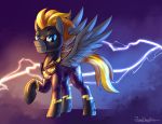  2020 blaze_(l4m3ness) blue_background blue_eyes english_text equid equine eyewear fan_character feathered_wings feathers feral friendship_is_magic fur goggles grey_body grey_feathers grey_fur grey_wings hasbro hi_res jedayskayvoker lightning looking_at_viewer male mammal mane my_little_pony orange_mane orange_tail pegasus shadowbolts_(mlp) shadowbolts_uniform signature simple_background smile solo spread_wings text wings 