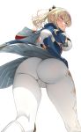  1girl asahina_hikage ass ass_focus bangs blonde_hair blue_capelet blue_eyes breasts cameltoe capelet coattails from_below genshin_impact hair_between_eyes hands_on_hips highres jean_gunnhildr large_breasts long_hair looking_at_viewer looking_back multicolored_capelet pants pantylines ponytail simple_background solo tight tight_pants white_background white_pants 