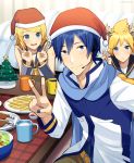  1girl 2boys animal_ears antlers arm_warmers bangs bare_shoulders bass_clef bird black_collar blonde_hair blue_eyes blue_hair blue_nails blue_scarf blush chabudai_(table) chicken christmas christmas_tree coat collar commentary cup deer_ears double_v food french_fries frown grey_collar grey_sleeves hair_ornament hairclip hat headphones headset indoors kagamine_len kagamine_rin kaito looking_at_viewer mug multiple_boys nail_polish neckerchief nokuhashi red_headwear reindeer_antlers salad santa_hat scarf shirt short_hair shoulder_tattoo sleeveless sleeveless_shirt smile spiked_hair sweat swept_bangs table tattoo treble_clef v vocaloid white_coat white_shirt yellow_neckwear 