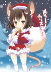  1girl animal_ears bell blush brown_eyes brown_hair christmas commentary_request dress fur_trim garter_straps hair_ornament hairclip hat highres mouse_ears mouse_tail nagomi_tozakura original outdoors red_dress red_headwear sack safety_pin santa_hat short_dress short_hair snow solo tail thighhighs translation_request white_legwear 