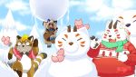  2020 anthro belly brown_body brown_fur canid canine clothing fur group hi_res hupi1008 kemono male mammal outside overweight overweight_male plant raccoon_dog scarf snow snowman sweater tanuki topwear tree white_body white_fur 