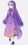  1girl absurdly_long_hair absurdres alternate_costume dress fire_emblem fire_emblem:_the_binding_blade highres long_dress long_hair long_sleeves mesz410 purple_dress purple_eyes purple_hair robe sandals silver_background simple_background solo sophia_(fire_emblem) very_long_hair wide_sleeves 