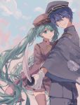  1boy 1girl bkkkkk blue_eyes blue_hair blue_headwear brown_headwear brown_jacket brown_legwear brown_skirt closed_mouth eyebrows_behind_hair flower gloves green_eyes green_hair hat hatsune_miku holding holding_sword holding_weapon jacket kaito long_hair long_sleeves open_mouth pants pink_flower pleated_skirt senbon-zakura_(vocaloid) senbonzakura short_hair skirt socks sword thighhighs twintails vocaloid weapon white_gloves 