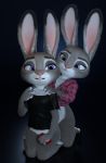  2020 3d_(artwork) anthro blue_background bow_tie claws clothing digital_media_(artwork) disney duo ears_up eyebrows eyelashes female female/female fingers fur grey_body grey_fur hand_on_hip hand_on_shoulder hi_res holding_object judy_hopps kneeling lagomorph leporid long_ears looking_at_another mammal melo mostly_nude multicolored_body multicolored_ears multicolored_fur pink_nose purple_eyes rabbit simple_background smile teeth topwear white_body white_fur zootopia 