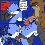  1:1 animal_genitalia anthro avian balls bathroom bathroom_sex big_penis bird blue_jay cartoon_network comic corvid duo english_text genitals hot_dogging huge_penis jay_(bird) male male/male mordecai_(regular_show) new_world_jay oscine passerine pb-art penis public_restroom regular_show restroom_stall rigby_(regular_show) sheath size_difference small_dom_big_sub smile smirk text 