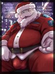  2020 anthro belly bottomwear bulge christmas christmas_clothing christmas_headwear clothing english_text eyewear glasses hat headgear headwear hi_res holidays humanoid_hands kemono korokke male mammal overweight overweight_anthro overweight_male pants santa_claus santa_hat sitting solo text 