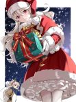  1boy 1girl alternate_costume animal_costume antlers black_gloves blue_scarf bow box brown_eyes capelet christmas closed_mouth commentary_request corrin_(fire_emblem) corrin_(fire_emblem)_(female) dress eyebrows_visible_through_hair fire_emblem fire_emblem_fates frilled_dress frills fur-trimmed_capelet fur-trimmed_dress fur-trimmed_headwear fur-trimmed_sleeves fur_trim gift gift_box gloves grey_hair hair_between_eyes hair_ornament hand_on_hip hat highres holding holding_gift holding_sack long_hair long_sleeves looking_at_viewer manakete misu_kasumi parted_lips pointy_ears ponytail red_capelet red_dress red_eyes red_nose reindeer_antlers reindeer_costume sack santa_costume santa_hat scarf silver_hair smile snow snowing spiked_hair takumi_(fire_emblem) teeth twitter_username white_gloves yellow_bow 