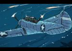  1boy aircraft airplane commentary_request day f4u_corsair firing gun juraki_hakuaki letterboxed looking_up machine_gun military military_vehicle ocean original propeller solo sparkle star_(symbol) sunlight united_states_navy vehicle_focus water weapon world_war_ii 