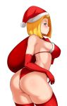  1girl :o android_18 ass bikini blonde_hair blue_hair blush breasts christmas dragon_ball dragon_ball_z elbow_gloves eyebrows gloves highres jmg large_breasts mature medium_hair red_bikini red_gloves red_legwear sack santa_bikini simple_background swimsuit thighhighs thighs white_background 