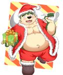  absurd_res anthro belly blush bulge canid canine canis christmas christmas_clothing christmas_headwear clothing domestic_dog fur gift green_body green_fur hat headgear headwear hi_res holidays live-a-hero male mammal mokdai navel nipples nisikemo santa_hat slightly_chubby solo 