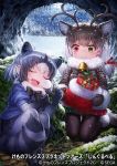  2girls animal_ears antlers bangs bell black_legwear black_mittens black_neckwear black_skirt blue_shirt boots bow bowtie brown_hair cave christmas christmas_stocking closed_eyes closed_mouth cloud cloudy_sky coat commentary_request common_raccoon_(kemono_friends) copyright_name deer_ears eyebrows_visible_through_hair fang fur-trimmed_coat fur-trimmed_footwear fur_collar fur_trim gift gradient_hair green_eyes green_ribbon grey_coat grey_footwear grey_hair grey_legwear hair_ribbon heterochromia holding holding_gift jingle_bell kemono_friends kneeling lain long_sleeves looking_at_another low_twintails lying medium_hair miniskirt multicolored_hair multiple_girls night night_sky nose_bubble official_art on_back open_mouth pantyhose puffy_short_sleeves puffy_sleeves raccoon_ears raccoon_tail red_eyes red_ribbon red_skirt reindeer_(kemono_friends) reindeer_antlers ribbon saliva shirt short_hair short_sleeves skirt sky sleeping smile snow snowing striped_tail tail twintails watermark white_hair 