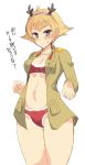  1girl abenattou alternate_costume antlers bikini blonde_hair blush breasts brown_eyes brown_jacket christmas cleavage closed_mouth commentary cowboy_shot erwin_(girls_und_panzer) fake_antlers girls_und_panzer jacket light_frown long_sleeves looking_at_viewer medium_breasts military_jacket navel no_pants open_clothes open_jacket pointy_hair red_bikini reindeer_antlers santa_bikini short_hair simple_background solo standing sweatdrop swimsuit translated white_background 