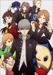  4boys 5girls amagi_yukiko black_hair blonde_hair blue_eyes blue_hair brown_eyes brown_hair cabbie_hat doujima_nanako green_jacket grey_hair hanamura_yousuke hat headphones headphones_around_neck highres jacket kujikawa_rise kuma_(persona_4) multiple_boys multiple_girls narukami_yuu persona persona_4 satonaka_chie school_uniform shirogane_naoto smile tatsumi_kanji tonkatsu_(kyarakong) twintails yasogami_school_uniform 