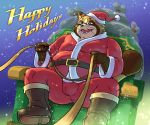  2020 absurd_res anthro bottomwear brown_body brown_fur bulge canid canine christmas christmas_clothing christmas_headwear clothing eyewear fur glasses hat headgear headwear hi_res holidays humanoid_hands kemono male mammal outside overweight overweight_anthro overweight_male pants raccoon_dog sakusan_kc santa_claus santa_hat sitting snow solo tanuki tenugui 