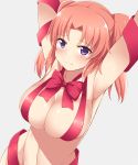  1girl armpits arms_up bangs blush bow breasts cleavage closed_mouth commentary_request dou-t eyebrows_visible_through_hair highres large_breasts looking_at_viewer mikakunin_de_shinkoukei naked_ribbon navel purple_eyes red_bow red_ribbon ribbon short_hair simple_background solo sweat twintails yonomori_kobeni 