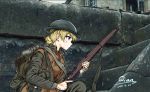  1917_(film) 1girl bandaged_hands bandages blonde_hair blood blue_eyes canteen commentary darjeeling_(girls_und_panzer) dated girls_und_panzer gun helmet highres house lee-enfield load_bearing_equipment military military_uniform one_knee outdoors profile qian rifle serious short_hair signature sling soldier solo tied_hair trigger_discipline uniform wall war weapon 
