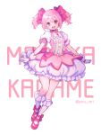  1girl :d bubble_skirt choker eyebrows_visible_through_hair frilled_legwear gloves hair_ribbon highres kaname_madoka lace-up magical_girl mahou_shoujo_madoka_magica open_mouth paru_rari pink_choker pink_footwear pink_hair pink_ribbon puffy_short_sleeves puffy_sleeves red_eyes ribbon romaji_text shoes short_sleeves short_twintails skirt smile socks solo twintails white_gloves white_legwear 