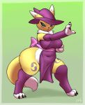  anthro big_butt black_sclera blue_eyes butt clothing digimon digimon_(species) dress female fighting_pose furball_(artist) green_background hat headgear headwear hi_res pose purple_clothing purple_dress renamon simple_background slightly_chubby solo wide_hips witch_hat yellow_body 
