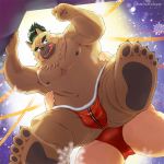  1:1 2020 anthro belly brown_body brown_fur bulge canid canine canis christmas clothing cute_fangs domestic_dog duo fur holidays humanoid_hands kemono male male/male mammal moobs night nipples omochiwotakusan overweight overweight_male scar tokyo_afterschool_summoners underwear video_games yasuyori 