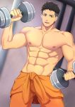  1boy abs absurdres akitaru_oubi bara black_hair black_shirt brown_eyes bulge collarbone dumbbell en&#039;en_no_shouboutai highres male_focus minghecanyue muscular muscular_male navel nipples orange_pants pectorals shirt shirtless short_hair smile solo undercut weightlifting 