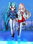  2girls andedalive aqua_hair blue_background blue_eyes boots bracelet dress full_body hatsune_miku highres holding_hands hood hooded_jacket ia_(vocaloid) jacket jewelry leotard long_hair looking_at_viewer multiple_girls pink_eyes platinum_blonde_hair purple_leotard red_dress smile thighhighs twintails very_long_hair vocaloid walking white_jacket white_legwear zettai_ryouiki 