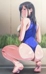  1girl ass barefoot black_hair blue_eyes breasts commentary_request from_behind full_body large_breasts long_hair looking_to_the_side monteriakitto one-piece_thong original sideways_glance solo squatting thong_swimsuit tiptoes turtleneck 