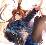  1girl amiya_(arknights) animal_ear_fluff animal_ears arknights artist_name ascot black_jacket black_legwear blue_eyes blue_neckwear blue_skirt brown_hair bunny_ears feet_out_of_frame floating_hair hair_between_eyes happitan_no_kona highres jacket jewelry long_hair looking_at_viewer multiple_rings necklace open_clothes open_jacket outstretched_arm panties shirt skirt smile solo thigh_strap underwear white_background white_shirt 