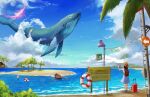  1girl backpack bag beach bird blue_whale brown_hair cloud day dew_(7302235) dolphin flying_whale hat innertube ladder long_hair luggage original rowboat sign sky speaker tree whale 