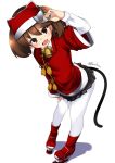  1girl animal_ears black_skirt boots brown_eyes brown_hair cat_ears cat_tail fang full_body fur-trimmed_shirt fur_trim highres japanese_clothes kantai_collection kariginu leaning_forward long_hair looking_at_viewer nassukun pantyhose pleated_skirt red_footwear red_shirt ryuujou_(kantai_collection) shirt simple_background skirt solo standing tail twintails twitter_username visor_cap white_background white_legwear 