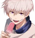  1boy bangs facial_tattoo food hair_between_eyes holding holding_food inumaki_toge jujutsu_kaisen looking_at_viewer male_focus open_mouth peach_luo popsicle purple_eyes shirt short_hair silver_hair simple_background solo tattoo tongue_tattoo upper_body white_background white_shirt zipper 