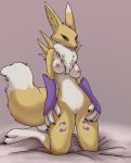  2020 absurd_res anthro armwear breasts bridal_gauntlets clothing digimon digimon_(species) facial_markings famished_(artist) female fur genitals head_markings hi_res kneeling leg_markings markings mostly_nude nipples pussy renamon socks_(marking) solo white_body white_fur yellow_body yellow_fur 