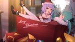  2girls aqua_hair bare_shoulders black_footwear blush bookshelf boots box capelet christmas christmas_tree closed_eyes commentary fur-trimmed_capelet fur-trimmed_headwear fur_trim hair_tie hat hatsune_miku highres in_box in_container indoors legs_up long_hair lying multiple_girls on_back open_mouth purple_hair red_capelet red_headwear santa_hat sidelocks surprised thighhighs twintails v very_long_hair vocaloid white_legwear xingchen yellow_eyes zhayin-san 