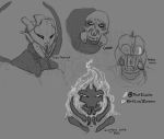  2020 ambiguous_gender armor bionicle bust_portrait digital_drawing_(artwork) digital_media_(artwork) element_lord_of_fire elemental_creature elemental_humanoid english_text fire fire_creature garan_(bionicle) greyscale group humanoid lego looking_at_viewer machine markings mask matoran matoro monochrome mouthless no_pupils not_furry portrait robot simple_background takutanuva text that1cactus toa 