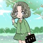  1girl bag blazer cardcaptor_sakura dress green_dress green_skirt jacket nekoi_tsubaki sasaki_rika school_bag school_uniform skirt sunlight 