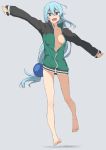  1girl alternate_hairstyle aqua_(konosuba) bangs barefoot black_jacket blue_eyes blue_hair borrowed_garments breasts collarbone eyebrows_visible_through_hair full_body green_jacket grey_background hair_between_eyes hair_ornament jacket kono_subarashii_sekai_ni_shukufuku_wo! long_hair long_sleeves looking_at_viewer open_mouth outstretched_arms salpin simple_background sleeves_past_wrists smile solo thighs 