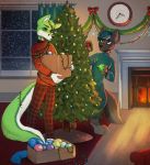  anthro black_nose blue_eyes bow canid canine canis chair christmas christmas_clothing christmas_headwear christmas_lights christmas_ornament christmas_tree clock clothed clothing damian_the_wolfdog decoration decorative degitigrade digital_media_(artwork) domestic_dog duo festive fire fireplace fox fur furniture garland green_body green_eyes green_fur hair headgear headwear hi_res holidays hybrid lights male mammal night ornament ornaments pajama_pants pajama_shirt pajamas plant rug smile snow spots tree white_body white_fur winter wolf wolfdog zemnovodnoe 