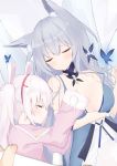  2girls animal animal_ear_fluff animal_ears arms_up azur_lane bangs bare_shoulders blue_dress breasts bug bunny_ears butterfly closed_eyes closed_mouth commentary_request covering_with_blanket dress eyebrows_visible_through_hair fake_animal_ears grey_hair hair_between_eyes highres insect jacket laffey_(azur_lane) long_hair long_sleeves lying medium_breasts multiple_girls on_back on_side pink_jacket profile roido_(taniko-t-1218) shinano_(azur_lane) sleeveless sleeveless_dress sleeves_past_wrists smile strap_slip twintails white_hair 