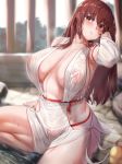  1girl azur_lane bangs blush breasts brown_eyes brown_hair covered_nipples dead_or_alive detached_sleeves eyebrows_visible_through_hair fundoshi hair_tucking highres japanese_clothes kasumi_(doa) large_breasts legs_folded long_hair looking_at_viewer manjuu_(azur_lane) moisture_(chichi) navel onsen parted_lips see-through_silhouette sitting solo wet wet_clothes 
