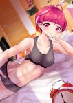 1girl abs ahoge alarm_clock analog_clock armpits bangs bare_legs bare_shoulders bed_sheet biceps black_sports_bra blunt_bangs blurry blurry_background blush book bookshelf boyshort_panties bra breasts clock collarbone commentary cowboy_shot door dutch_angle elbow_rest eyebrows_visible_through_hair highres hoshina_hikaru indoors lips looking_at_viewer lying medium_breasts midriff mikorin multicolored_hair muscular muscular_female nail_polish navel older on_bed on_side pink_eyes pink_hair precure short_hair smile sports_bra star_twinkle_precure stomach streaked_hair television toned underwear underwear_only 
