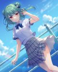  1girl bangs blue_neckwear blue_ribbon blue_sky bow bowtie closed_mouth cloud commentary_request day double_bun eyebrows_visible_through_hair green_hair grey_skirt hair_ornament hair_ribbon highres hololive looking_at_viewer mikami_(mcm_ncb) ocean outdoors plaid plaid_skirt pleated_skirt red_eyes ribbon shirt short_hair short_sleeves skirt skull_hair_ornament sky smile solo standing uruha_rushia virtual_youtuber white_shirt 