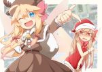  2girls ;d animal_costume animal_ears bangs bare_shoulders bell belt blonde_hair blue_eyes blush bow bowtie brown_capelet brown_coat brown_headwear capelet christmas coat commentary deer_ears dress dress_tug embarrassed eyes_visible_through_hair fairy_wings fake_animal_ears fake_antlers fur-trimmed_capelet fur-trimmed_headwear fur_trim hair_between_eyes hair_bow hair_ribbon hat highres lily_black lily_white long_hair long_sleeves looking_at_another looking_at_viewer multiple_girls neck_bell nose_blush one_eye_closed open_mouth outstretched_arm pink_bow pink_neckwear pointing pointing_at_viewer red_eyes red_headwear reindeer_costume ribbon sack santa_costume santa_hat sleeveless sleeveless_dress smile sweatdrop touhou tress_ribbon v-shaped_eyebrows wavy_mouth wings wrist_cuffs yutamaro 