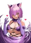  1girl :q absurdres animal_ear_fluff animal_ears black_nails breasts chobbb claws commentary dangerous_beast fate/grand_order fate_(series) fingernails fur_trim gloves hair_over_one_eye halloween_costume heart highres large_breasts looking_at_viewer mash_kyrielight o-ring o-ring_top pink_eyes pink_hair purple_gloves revealing_clothes simple_background slit_pupils smile solo tail tongue tongue_out upper_body white_background wolf_ears wolf_tail 