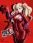  1girl artist_name bangs blue_eyes bodysuit breasts catsuit character_name cleavage earrings fake_tail full-length_zipper gloves highres holding holding_mask holding_whip horror_cat jewelry long_hair looking_at_viewer mask medium_breasts persona persona_5 pink_gloves pink_lips platinum_blonde_hair red_background red_bodysuit red_legwear shadow signature smile solo stud_earrings swept_bangs tail takamaki_anne teeth twintails zipper 