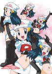  1girl alternate_costume ass black_legwear blue_eyes blue_hair breasts closed_mouth cosplay dawn_(pokemon) hainchu jessie_(pokemon) jessie_(pokemon)_(cosplay) long_hair looking_at_viewer midriff multiple_views navel official_style open_mouth pokemon pokemon_(anime) pokemon_dppt_(anime) skirt small_breasts team_rocket_uniform 