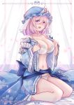  1girl :d bra breasts cleavage commentary_request hat highres large_breasts looking_at_viewer navel open_mouth pink_eyes pink_hair saigyouji_yuyuko sarasadou_dan short_hair sitting smile solo touhou triangular_headpiece underwear 